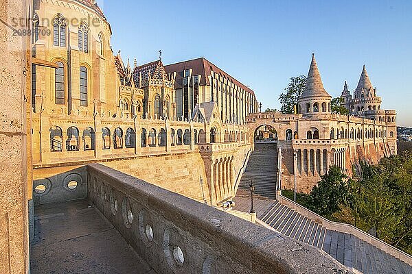 Old historic fortress and church at sunrise. City panorama at dusk. View of the Danube Fishermens Bastion  Halászbástya  Budapest  Hungary  Europe