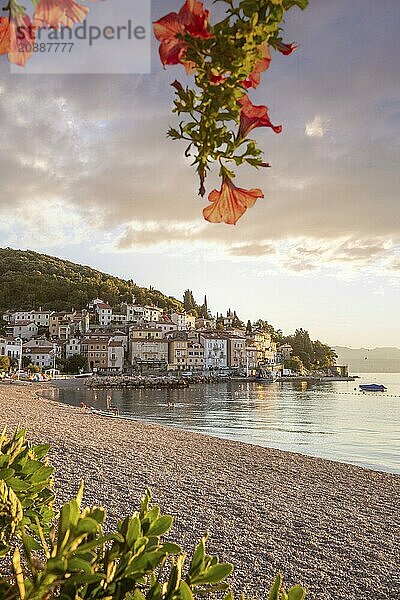 Beautiful historic skyline of a village on the Mediterranean  taken in the morning at sunrise on the beach and by the sea. Dreamlike harbour landscape in Mošcenicka Draga  Moscenicka Draga  Istria  Croatia  Europe