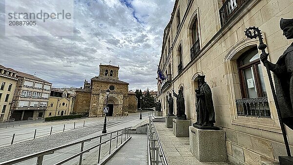 View at the Provincial Administration Palace with San Juan de Rabanera church in Soria