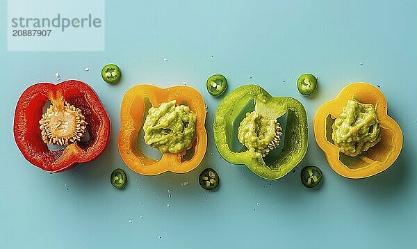 Sliced bell peppers with guacamole on a light blue background AI generated