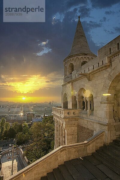 Old historic fortress and church at sunrise. City panorama at dusk. View of the Danube Fishermen's Bastion  Halászbástya  Budapest  Hungary  Europe