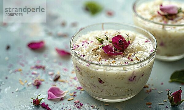 Rosewater rice pudding on a light blue background AI generated