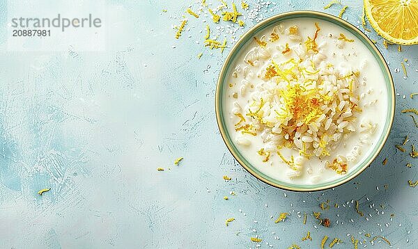 Spanish arroz con leche with citrus zest on a light blue background AI generated