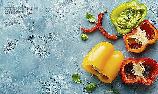 Sliced bell peppers with guacamole on a light blue background AI generated