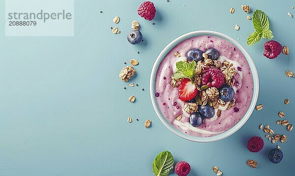 Mixed berry smoothie bowl with granola on a light blue background AI generated