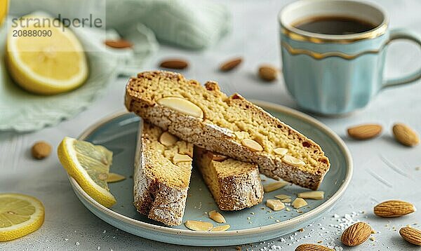 Lemon and almond biscotti with a cup of espresso on a light blue background AI generated