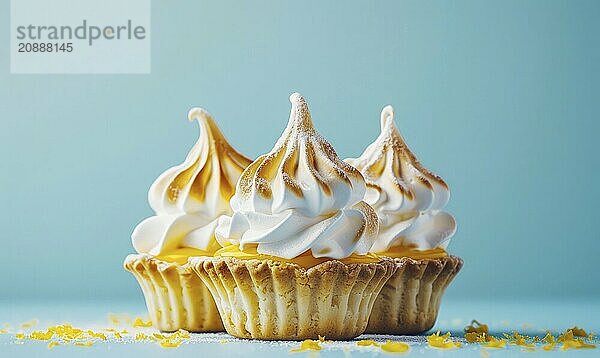 Lemon meringue pie on a light blue background AI generated