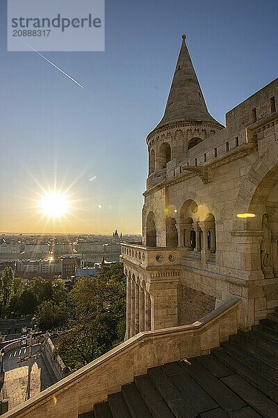 Old historic fortress and church at sunrise. City panorama at dusk. View of the Danube Fishermen's Bastion  Halászbástya  Budapest  Hungary  Europe