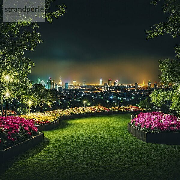 A beautifully illuminated garden with a city view in the background at night  AI generated