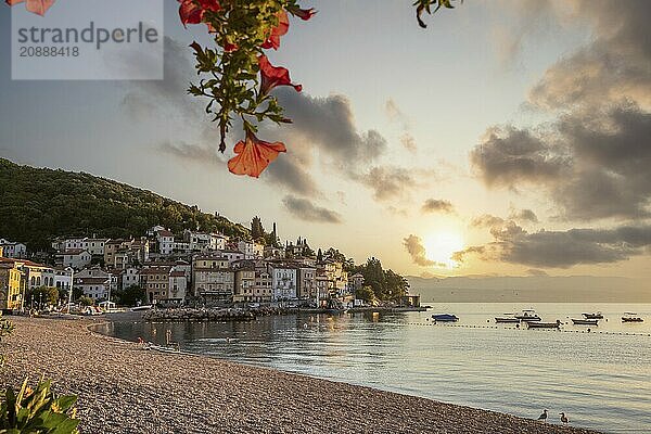 Beautiful historic skyline of a village on the Mediterranean  taken in the morning at sunrise on the beach and by the sea. Dreamlike harbour landscape in Mošcenicka Draga  Moscenicka Draga  Istria  Croatia  Europe