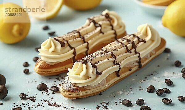 Lemon and coffee eclairs with coffee cream on a light blue background AI generated