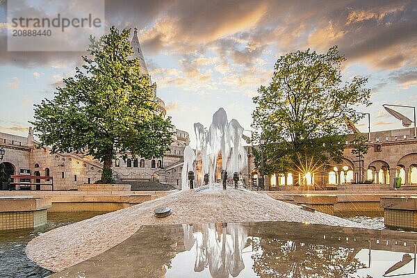 Old historic fortress and church at sunrise. City panorama at dusk. View of the Danube Fishermens Bastion  Halászbástya  Budapest  Hungary  Europe