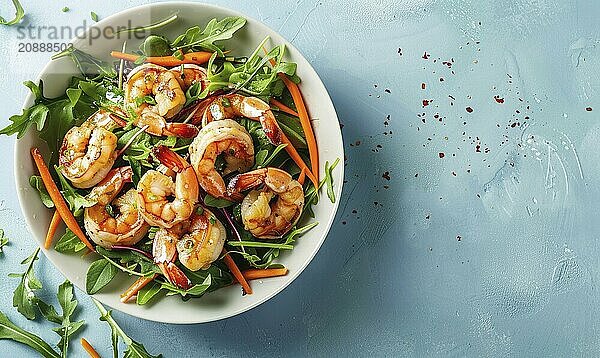 Shrimp and carrot salad with ginger dressing on a light blue background AI generated