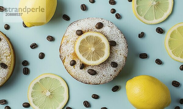 Lemon coffee cake with coffee beans on a light blue background AI generated