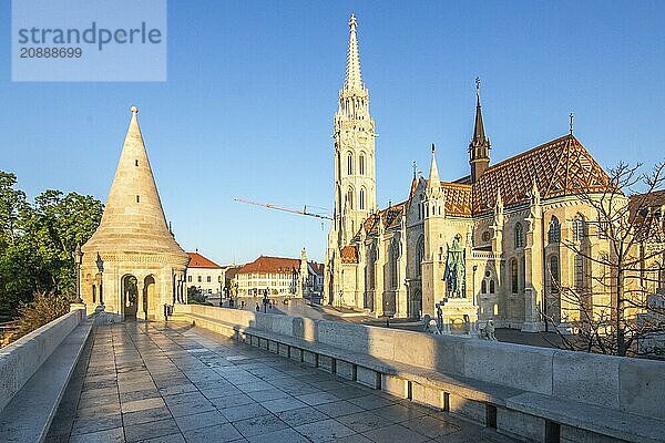 Old historic fortress and church at sunrise. City panorama at dusk. View of the Danube Fishermens Bastion  Halászbástya  Budapest  Hungary  Europe