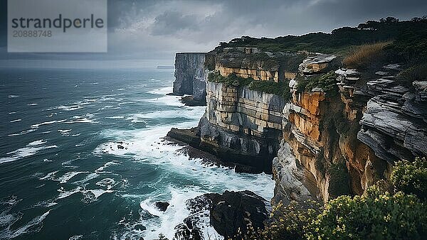 Dramatic view of lush undulating cliffs with breaking ocean waves  AI generated