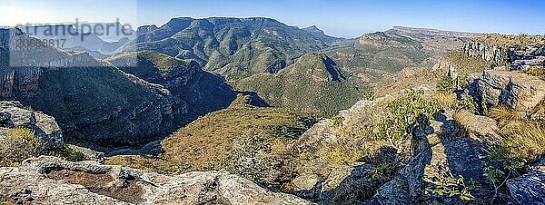 Panorama  view of the Blyde River gorge  Lowveld Viewpoint  in the evening light  canyon landscape  Blyde River Canyon  Panorama Route  Mpumalanga  South Africa  Africa