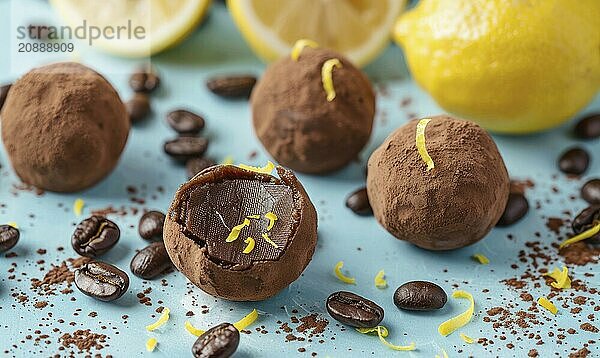 Lemon and coffee truffles with coffee beans on a light blue background AI generated