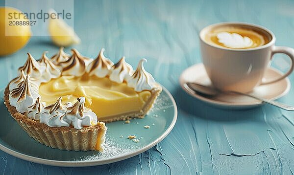 Lemon meringue pie with a cup of coffee on a light blue background AI generated