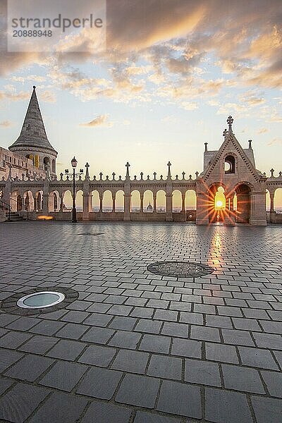 Old historic fortress and church at sunrise. City panorama at dusk. View of the Danube Fishermens Bastion  Halászbástya  Budapest  Hungary  Europe