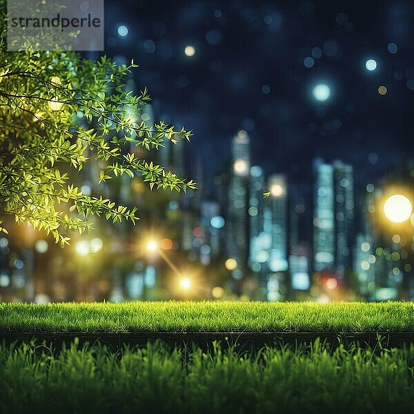 Green grass and leaves with illuminated cityscape and numerous glowing lights and stars in the night sky  AI generated