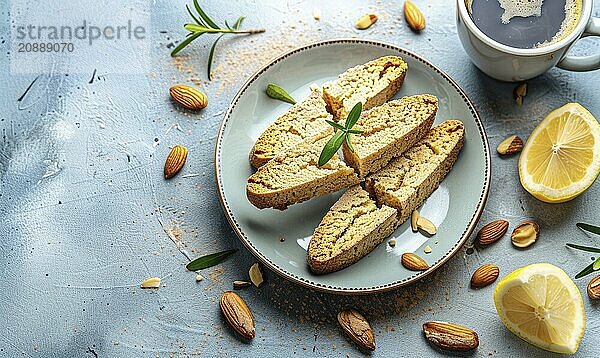 Lemon and almond biscotti with a cup of espresso on a light blue background AI generated