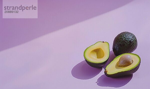 Fresh avocado halves with pit on a pastel purple background AI generated