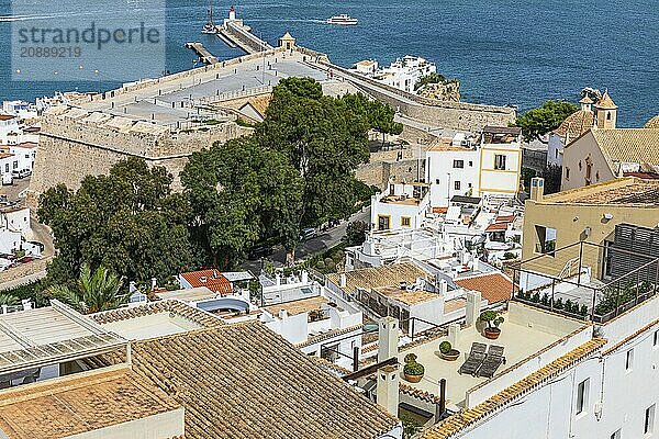 Above the rooftops of the old town of Eivissa  Ibiza Town  with views of the fortress  Ibiza  Balearic Islands  Mediterranean Sea  Spain  Europe