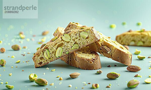 Pistachio biscotti with almond slices on a light blue background AI generated