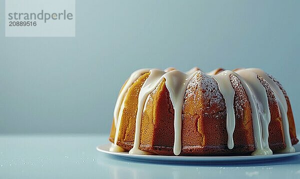 Lemon and coffee bundt cake with glaze on a light blue background AI generated