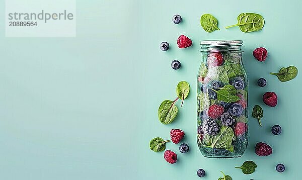 Berry and spinach smoothie in a glass jar on a light blue background AI generated