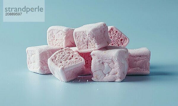 Rose-flavored marshmallows on a light blue background AI generated