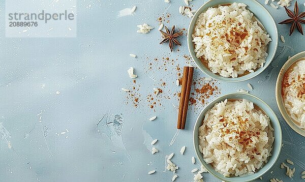 Puerto Rican arroz con dulce with cinnamon on a light blue background AI generated