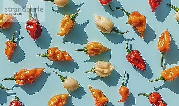 Top view of a mix of peppers scattered on a light blue background AI generated