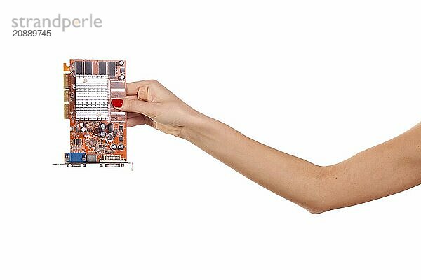 Woman hand and video card. Isolated on white