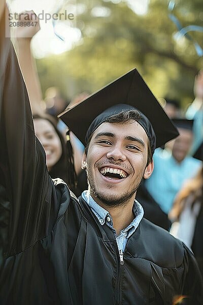 Portrait of a happy male  Hispanic student on graduation day smiling at the camera. AI generated