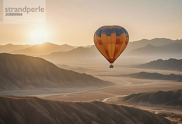 Hot air balloon floating over a desert landscape at sunrise with distant mountains  AI generated