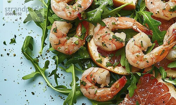 Shrimp and grapefruit salad with arugula on a light blue background AI generated