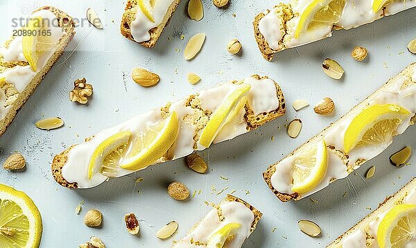 Lemon and almond biscotti with lemon glaze on a light blue background AI generated