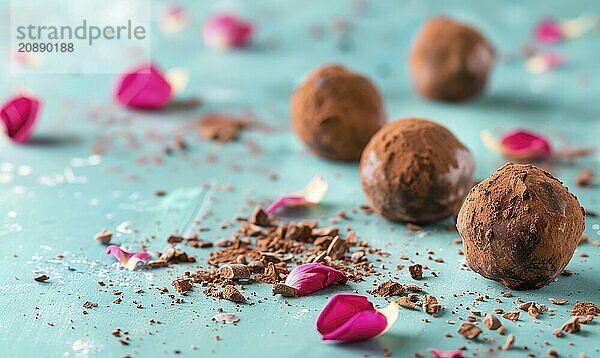 Rose-flavored truffles with cocoa coating on a light blue background AI generated