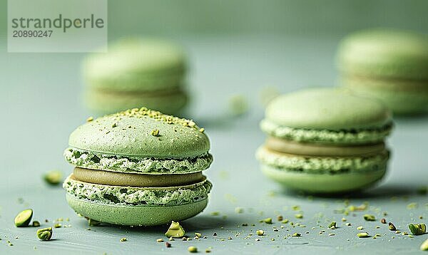 Pistachio macarons on a light blue background AI generated