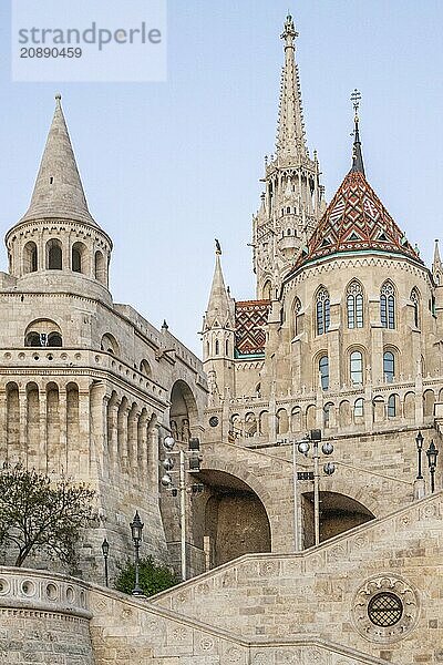 Old historic fortress and church at sunrise. City panorama at dusk. View of the Danube Fishermens Bastion  Halászbástya  Budapest  Hungary  Europe