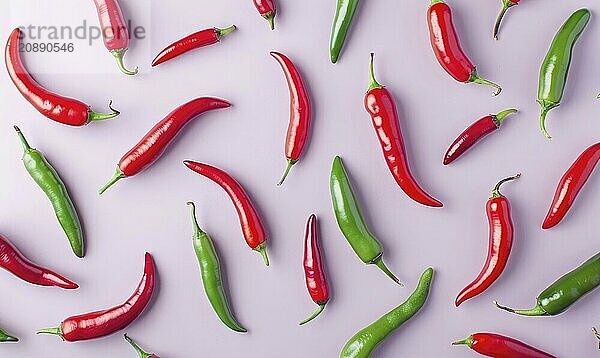 Top view of hot peppers scattered on a purple background AI generated