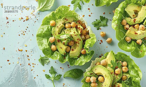 Avocado and chickpea salad in lettuce cups on a light blue background AI generated