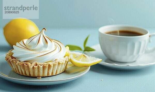 Lemon meringue pie with a cup of coffee on a light blue background AI generated