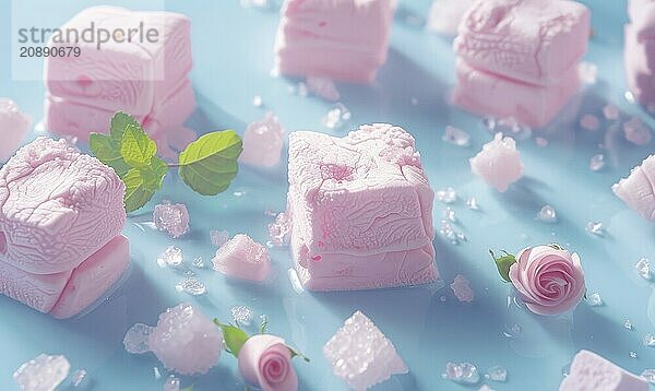 Rose-flavored marshmallows on a light blue background AI generated