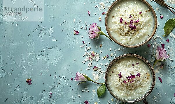 Rosewater rice pudding on a light blue background AI generated