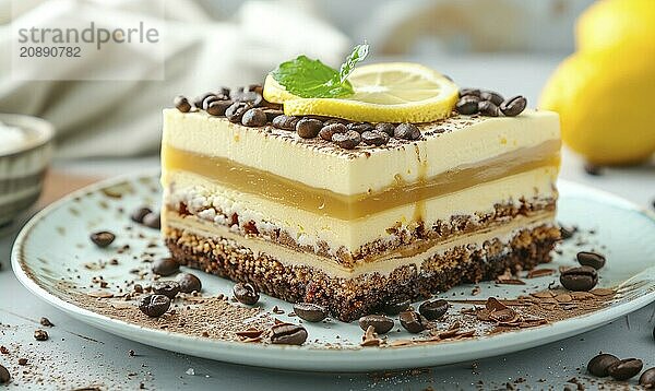 Lemon and coffee mousse cake with layers on a light blue background AI generated