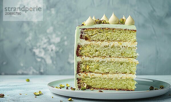 Pistachio cake with buttercream frosting on a light blue background AI generated