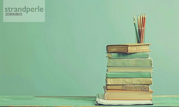 Stack of books on a wooden desk with a pastel mint green background AI generated